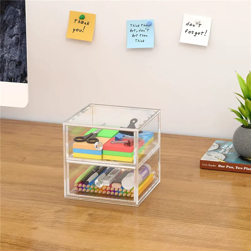 Wholesale stacking 2 tiers office custom clear acrylic desk drawer jewelry organizer with handle