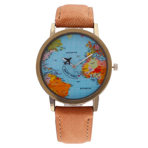 Montre pour <span class=keywords><strong>homme</strong></span> à cadran globe terrestre et aiguilles <span class=keywords><strong>avion</strong></span>, bracelet en jean, modèle très demandé - Product Image 3