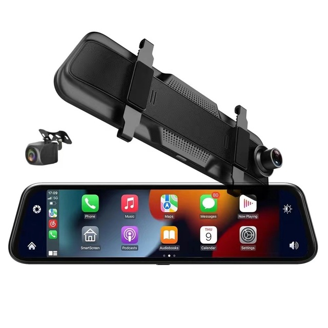 9.66-Inch IPS Touch Screen Rearview Mirror Dual Lens Carplay Dashcam Recorder Dash Cam Streaming Reverse Imaging for Black Box