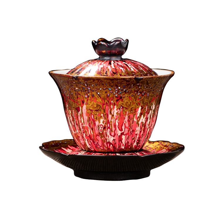 High-End Gradient Lotus Tea Set Chinese Lacquer Craft Ceramic Tea Cups with Flame High-grade Gift Lacquerware