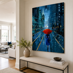 Peinture à l'huile artisanale sur toile, paysage urbain pluvieux, parapluie rouge, rue nocturne urbaine, <span class=keywords><strong>art</strong></span> mural pour la décoration de l'hôtel, du bureau, de l'appartement, du hall - Product Image 3