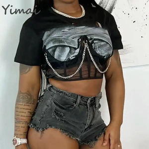 Top Corto Estivo in Rete con Catena Metallica e Stampa Lettering, Stile <span class=keywords><strong>Punk</strong></span>, Moda Streetwear, <span class=keywords><strong>T</strong></span>-Shirt da Donna Personalizzabile all'Ingrosso - Product Image 1