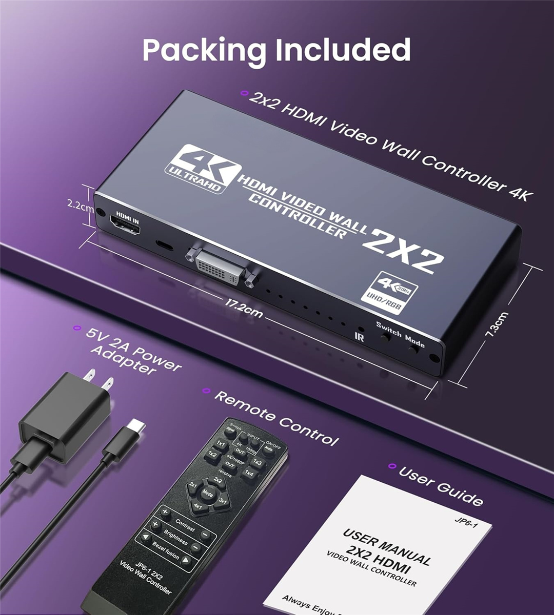 2x2 2x3 4K Video Wall Controller HDMI DVI USB C Multi-Screen TV