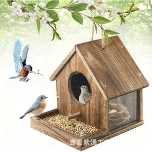 บ้านนกไม้พร้อมที่ให้อาหารแบบแขวนสำหรับนกกลางแจ้ง ตกแต่งแบบธรรมชาติ - Product Image 1