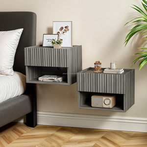 Table de chevet murale moderne en bois, table de chevet suspendue flottante pour chambre à coucher avec tiroirs - Product Image 3