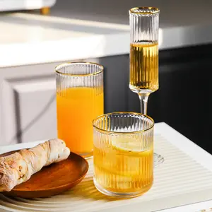 Nordic gold rim glass water cup creative striped transparent red wine glasses champagne flute linear glassware set