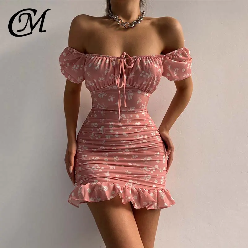 Off Shoulder Halter Pink Chiffon Mini Pleated Ruched Bodycon Silhouette Strappy Dress Woman Clothing Floral Casual Dresses Women