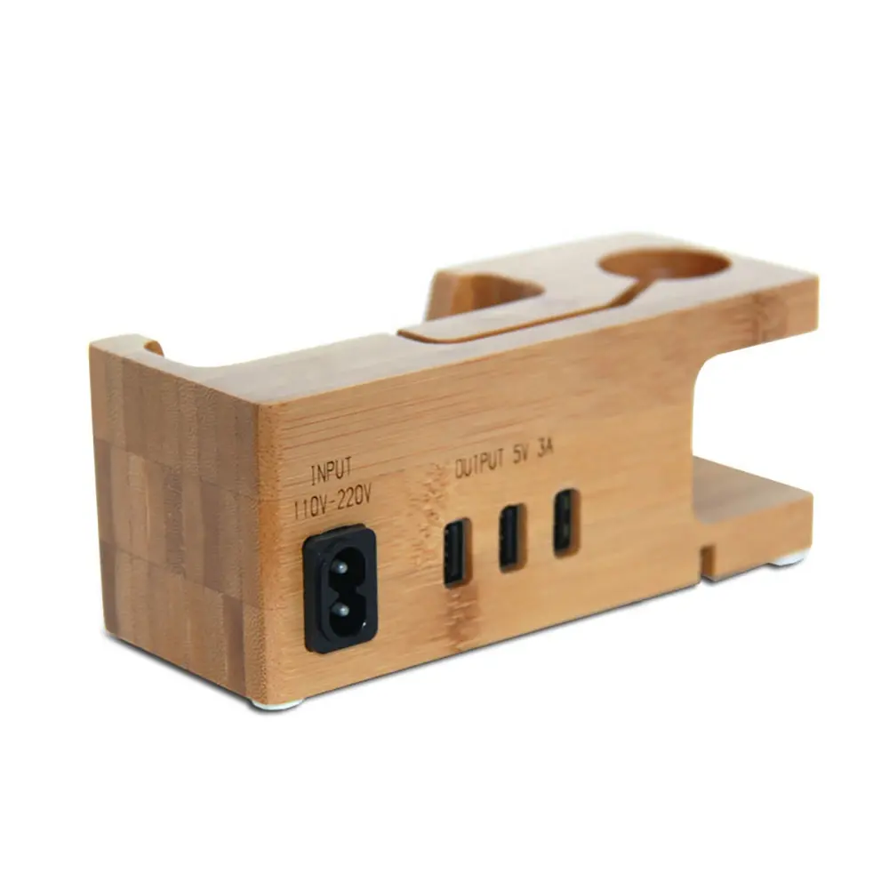 Soporte multiusos para teléfono móvil, base de madera de bambú con carga USB