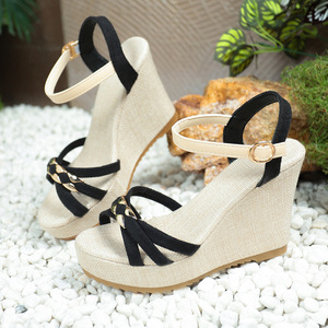 Women European and American Style Wedge <b>Sandals</b> Fabric Summer New Large Platform Thick Sole Color Block Roman <b>Sandals</b> - Product Image 4
