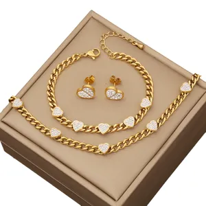 Fashion Stainless Steel Full of Zircon Heart 18K Gold Plated Cuban Gold Necklace Bracelet Earrings Indian Jewelry Set for Women