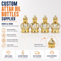 Fournisseur en gros de flacons d'huile d'attar personnalisés OEM ODM, flacons en verre transparent avec capuchon dôme, col doré ajouré, étiquettes privées