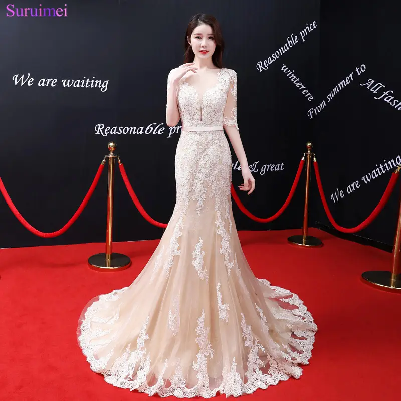 Champagne Evening Gown Nửa tay áo V Neck Nude xem qua backless dài Evening Dresses 2024 thiết kế mới