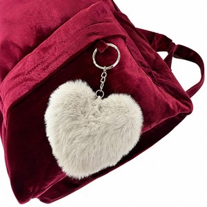 Zaino Trendy in Velluto Bordeaux per Ragazze con Chiusura a Cerniera, <span class=keywords><strong>Borsa</strong></span> Scolastica Retrò Preppy e Portachiavi con Pom-Pom a Cuore - Product Image 5
