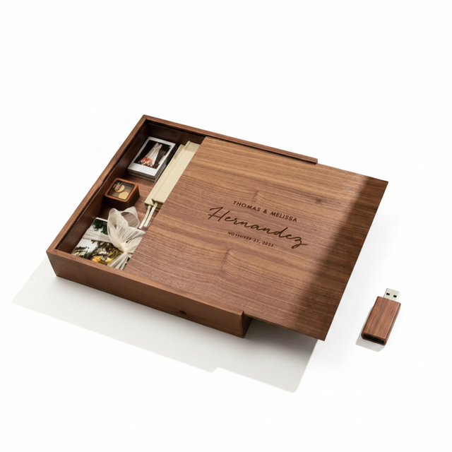 Professional Photography Wooden Photo Box Includes USB 3.0 2.0 Flash Drive Wedding Souvenir Walnut Pine Wood Keepsake Box