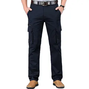 กางเกงคาร์โก้ผ้าฝ้ายสีดำสีเขียวกากี,กางเกงลำลองทรงหลวมสำหรับใส่ทำงานมีกระเป๋าด้านข้างกางเกงขายาวสำหรับผู้ชาย