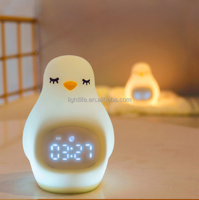 Hot Sale LED Kids Sleep Trainer Lamp Rechargeable Smart Wake up Clock Dimmable Soft Silicone Penguin Alarm Clock Night Light