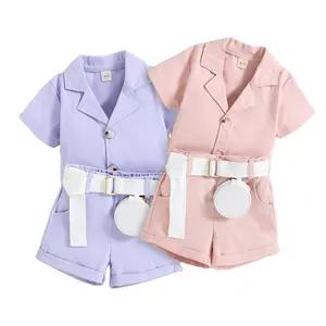 Fuyu Boutique Baby Girl Solid Color Short Sleeve Coat & Pants & Belt Clothing Sets Summer Outfit Wholesale Baby Toddler Clothes