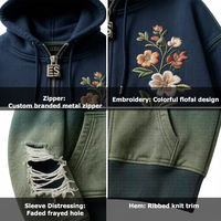 Sweat à capuche personnalisé ODM brodé effet vieilli motif floral coloré 100 % coton avec fermeture éclair métallique et bordure en tricot côtelé effiloché