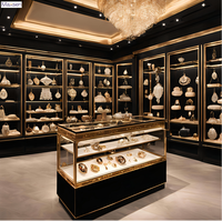 Comptoir de présentation de bijoux rectangulaire de luxe personnalisé en verre incurvé avec finition dorée Maxsen, éclairage LED, vitrine de magasin durable