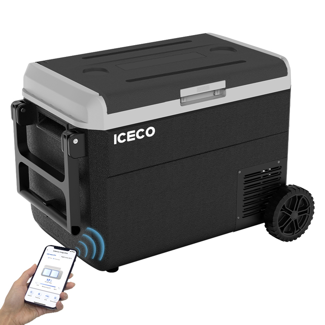 For 60L Solar/Electric App-Controlled Car Refrigerator Wheels Telescopic Handle Quiet Cooling LCD Touch Screen for Camping