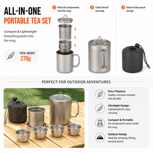 Hot Selling Ultralight 350ml Titanium <b>Tea</b> Set Portable Outdoor Travel <b>Tea</b> <b>Infuser</b> Cup Kit Camping Brewing Gear OEM ODM - Product Image 3
