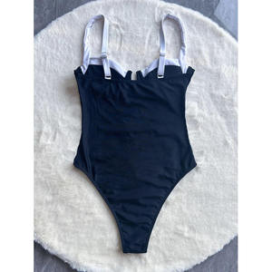 Women Black One Piece <b>Swimsuit</b> Plunge Neck Contrast Binding High Cut Stretch Knitted Beachwear - Product Image 5