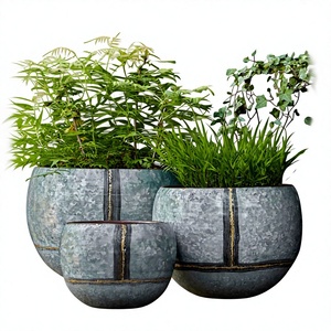 Antique Design Wholesale Price Metal Iron Galvanized Set Metal <b>Planters</b> Set of 3 Outdoor Garden Pots with Green Plants - Product Image 1