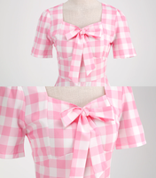 Robe pour filles écologique, jeune et charmante, maxi en crochet à carreaux roses, style doux avec taille naturelle, taille unique