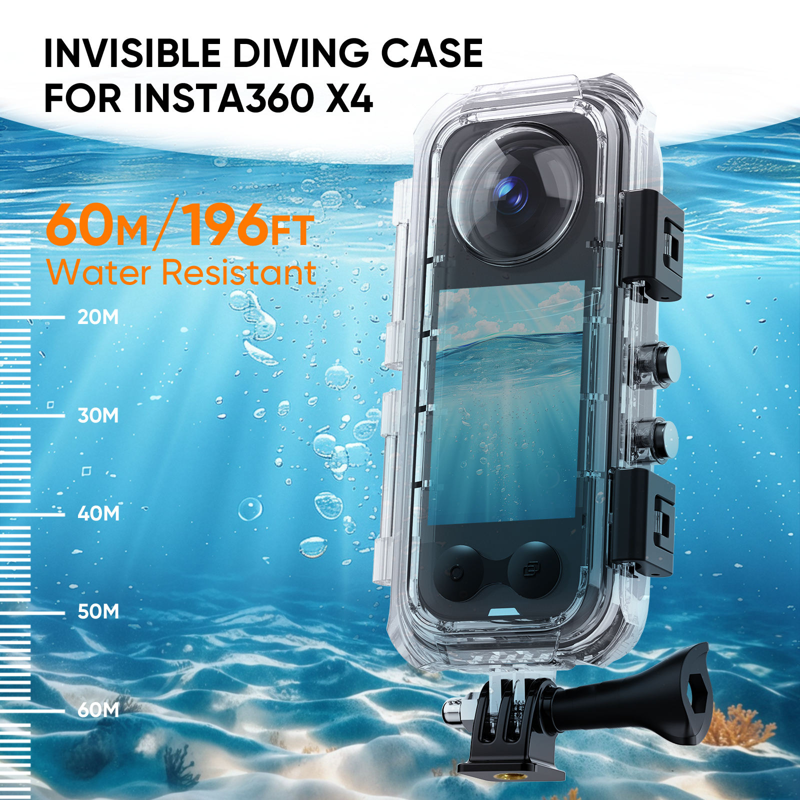 Hongdak Insta 360 Accessories 60 Meters Waterproof Underwater Invisible Dive Diving Case for Insta360 X4 Camera