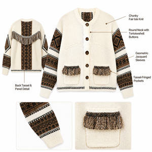 Cardigan da Donna Retrò <span class=keywords><strong>con</strong></span> Motivi Geometrici Jacquard, Collo Tondo, Bottoni Frontali, Maniche Lunghe, Maglione Lavorato a <span class=keywords><strong>Maglia</strong></span> <span class=keywords><strong>con</strong></span> Dettagli Tasche a <span class=keywords><strong>Frange</strong></span> - Product Image 3