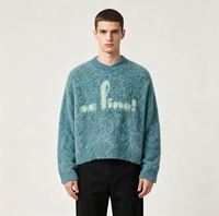 Pull en maille à lettres graphiques pour homme |   Pull oversize doux effet mohair en bleu sarcelle - Haut tricoté chaud et tendance pour l'hiver