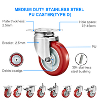 Roulettes pivotantes industrielles robustes 3, 4, 5 pouces en acier inoxydable SUS304 avec roues en PU/TPR/PA pour chariots et manutention de matériaux