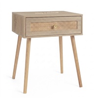 Table de chevet moderne en chêne et rotin avec 1 tiroir, pieds en bois massif, table d'appoint pour canapé