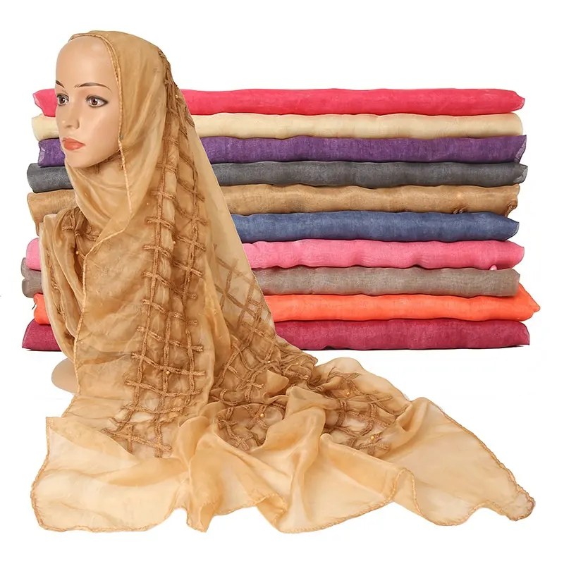 New arrival high quality elegant plain colour pearl beads hijab luxury embroidery head scarf shawl