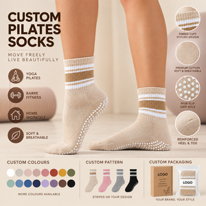 Chaussettes de yoga antidérapantes en coton rayé avec logo personnalisé, revers côtelé, faible MOQ, conception et emballage gratuits pour femmes - Product Image 1
