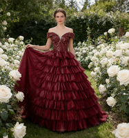 Robe de Quinceañera en tulle à étages, épaules dénudées, ornée de perles argentées, pour événements de soirée