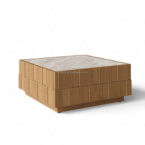 Ensemble de canapés modulaires d'extérieur FERLY avec structure en bois cannelé, dossier arqué, <span class=keywords><strong>table</strong></span> basse blanc crème, taille et finition personnalisables - Product Image 5