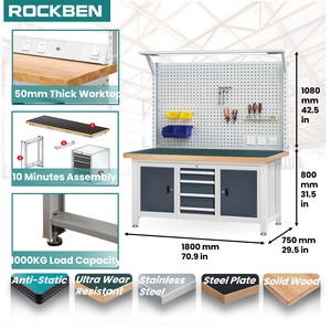 ROCKBEN Banc <span class=keywords><strong>de</strong></span> <span class=keywords><strong>travail</strong></span> modulaire avec éclairage <span class=keywords><strong>LED</strong></span>, alimentation électrique, rangement efficace, garage, atelier, armoire à outils avec panneau perforé - Product Image 2