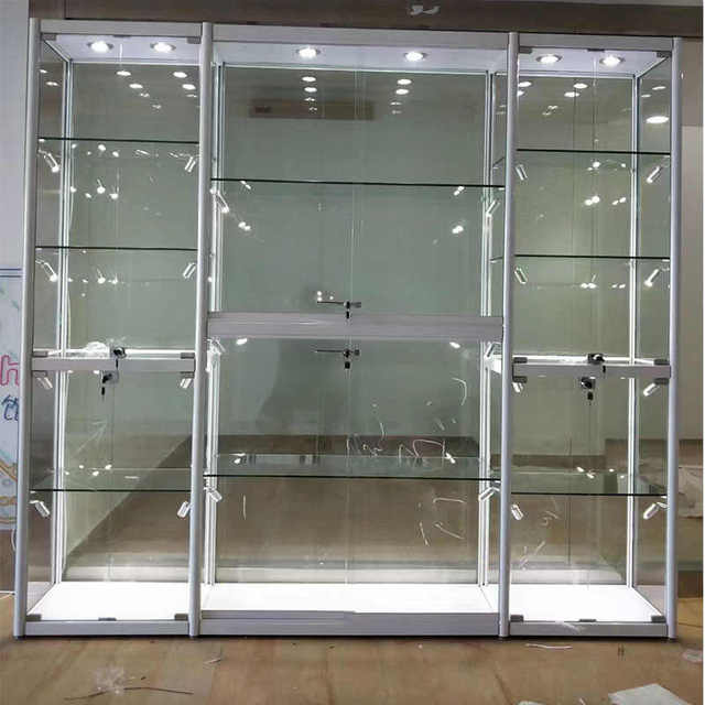 Retail Store LED Illuminated Lockable Opening Door Tempered Glass Display Showcase Glass Display Cabinet With Lights