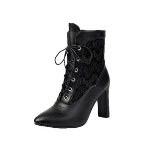 Botines Negros con Cordones, Punta Puntiaguda, Tacón Cuadrado, Cuero Genuino, Transpirables, Estilo Dropshipping - Product Image 1