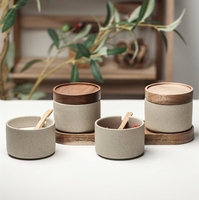 Japanese Vintage Style Kitchen Round Shape Pepper Sugar Salt Ceramic Seasoning Jar Set with Wooden Lid