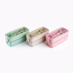 Fabriek Groothandel Tarwestro Lunchbox Eco-Vriendelijk Materiaal Bento Voedsel Container 3 Lagen Lunchbox Voor Thuis