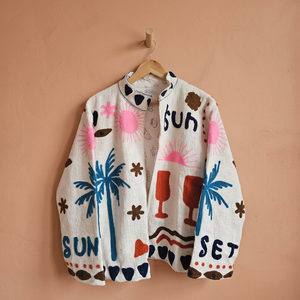 Veste d'été en coton avec motif palmier et coucher de soleil brodé à la main, manches longues, col mandarin, style vacances, vente en gros - Product Image 1