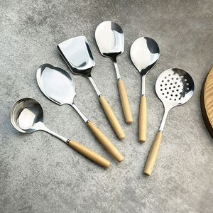 Lot de 6 ustensiles de cuisine en gros – Ensemble d'ustensiles de cuisson en acier inoxydable avec manche en bois pour la maison et la restauration - Product Image 2
