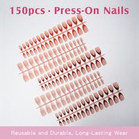 150 faux ongles courts en amande à presser, 5 couleurs, classiques, style French Manucure, nude marron, réutilisables, en gel, 15 tailles, en boîte