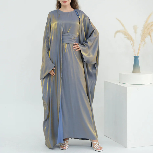 Women's Muslim Elegant Breathable Lightweight Solid Color 2 Piece Abaya&Inner Dress set Islamic Modest Turkish Satin Premium