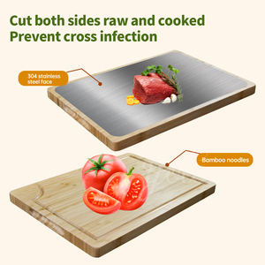 Planche à découper décorative en bois de bambou à double face naturelle en acier inoxydable avec rainure à jus pour le nettoyage de la maison de la cuisine - Product Image 4