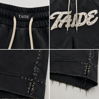 Shorts de sport TaiDe conformes CPSIA 240GSM avec patch en chenille strass, délavage acide, ourlet brut, cordon de serrage, commande en gros, streetwear homme
