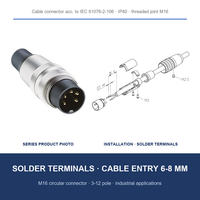 Connecteur circulaire M16, fiche de câble à souder, terminaison câblable sur site, 3-12 pôles, IEC 61076-2-106, protection droite ou coudée, IP40