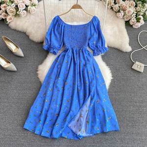 <b>Summer</b> New French Style Gentle Sweet Square Neck Puff <b>Short</b> Sleeve Waist-Cinching Slimming Slit A-Line <b>Dress</b> - Product Image 3
